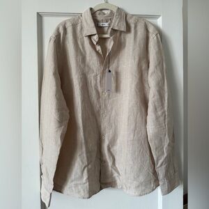 Mango Beige Linen Pinstripe Button-Down Shirt
